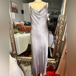 Meshki Silver Satin Cowl Backless Slip Dress